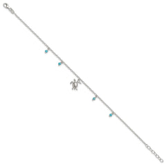 Sterling Silver Turquoise Beads and Turtle 9 inch Plus 1 inch Extender - Total 10 inch Anklet