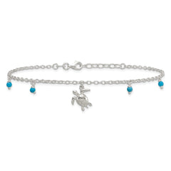 Sterling Silver Turquoise Beads and Turtle 9 inch Plus 1 inch Extender - Total 10 inch Anklet