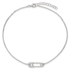 Sterling Silver CZ Safety Pin 9 Inch Plus 1 Inch Extender - Total 10 inch Anklet