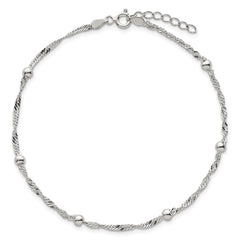 Sterling Silver Beaded 6-Station 9 inch Plus 1 inch Extender - Total 10 inch Anklet