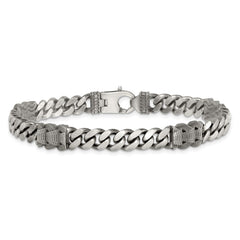 Sterling Silver Black Ruthenium-plated Brushed and Textured Fancy Flat Curb Chain Mens 8.5 inch Bracelet