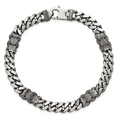 Sterling Silver Black Ruthenium-plated Brushed and Textured Fancy Flat Curb Chain Mens 8.5 inch Bracelet