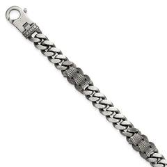 Sterling Silver Black Ruthenium-plated Brushed and Textured Fancy Flat Curb Chain Mens 8.5 inch Bracelet