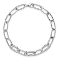 Sterling Silver Rhodium-plated Polished Fancy CZ Paperclip Chain 7 Inch Bracelet