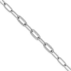 Sterling Silver Rhodium-plated Polished Fancy CZ Paperclip Chain 7 Inch Bracelet