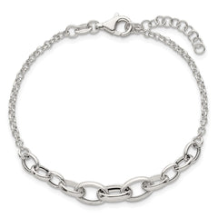 Sterling Silver Polished Fancy Graduated Cable Link 7 Inch with 1 Inch Extension Bracelet