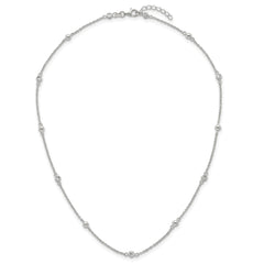 Sterling Silver Polished and Beaded CZ 16.75 inch with 0.5 inch Extension Necklace