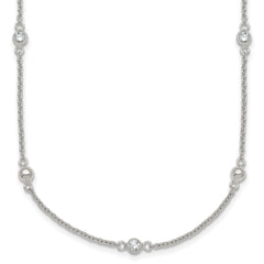 Sterling Silver Polished and Beaded CZ 16.75 inch with 0.5 inch Extension Necklace