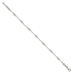 Sterling Silver Polished and Beaded CZ 6.75 inch with 0.5 inch Extension Bracelet
