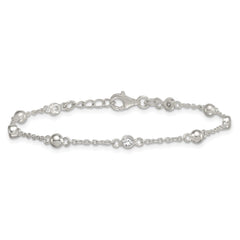 Sterling Silver Polished and Beaded CZ 6.75 inch with 0.5 inch Extension Bracelet