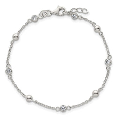 Sterling Silver Polished and Beaded CZ 6.75 inch with 0.5 inch Extension Bracelet