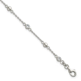 Sterling Silver Polished and Beaded CZ 6.75 inch with 0.5 inch Extension Bracelet