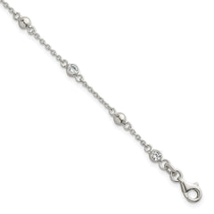 Sterling Silver Polished and Beaded CZ 6.75 inch with 0.5 inch Extension Bracelet