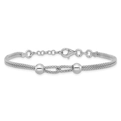 Sterling Silver Rhodium-plated Polished Beads Double Strand Mesh 7 inch with 0.75 inch Extender Bracelet