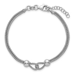 Sterling Silver Rhodium-plated Polished Beads Double Strand Mesh 7 inch with 0.75 inch Extender Bracelet