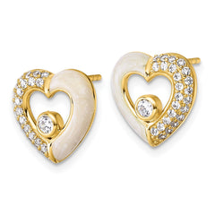 Sterling Silver Gold-tone Polished CZ and Champagne Enamel Open Heart Post Earrings