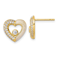 Sterling Silver Gold-tone Polished CZ and Champagne Enamel Open Heart Post Earrings