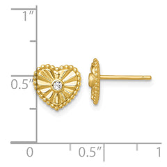 Sterling Silver Gold-tone Polished Beaded and Textured CZ Heart Post Earrings