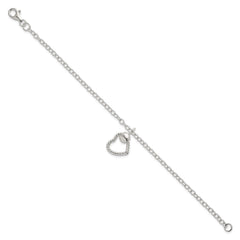 Sterling Silver Polished and Twisted Heart Dangle 7.5 Inch Cable Chain Bracelet
