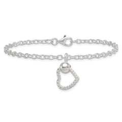 Sterling Silver Polished and Twisted Heart Dangle 7.5 Inch Cable Chain Bracelet