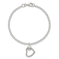 Sterling Silver Polished and Twisted Heart Dangle 7.5 Inch Cable Chain Bracelet