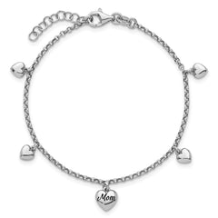 Sterling Silver Rhodium-plated Black Enameled MOM Puffed Heart with Heart Charms 6.5 inch with 0.75 inch extension Bracelet