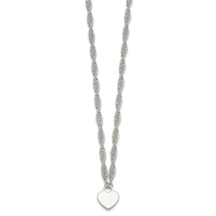 Sterling Silver Polished Fancy Engravable Heart Disc on Rope Chain 16 Inch with 2 Inch Extension Necklace