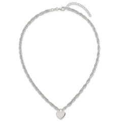 Sterling Silver Polished Fancy Engravable Heart Disc on Rope Chain 16 Inch with 2 Inch Extension Necklace