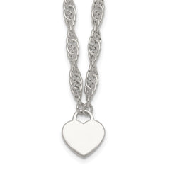 Sterling Silver Polished Fancy Engravable Heart Disc on Rope Chain 16 Inch with 2 Inch Extension Necklace
