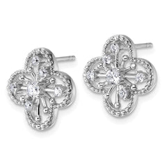 Sterling Silver Rhodium-plated CZ Textured Clover Shape Post Earrings