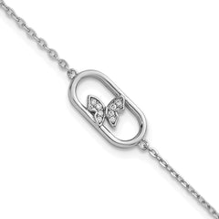 Sterling Silver Rhodium-plated CZ Oval with Butterfly 7 inch with 1 inch Extension Bracelet