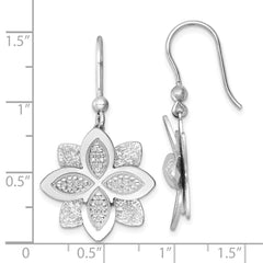 Sterling Silver Rhodium-plated Polished Brushed and Textured Flower Shepherd Hook Dangle Earrings