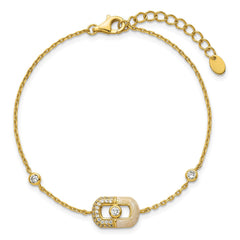 Sterling Silver Gold-tone CZ and Champagne Enamel Rectangle 7 inch with 0.5 inch Extension Bracelet