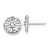 Sterling Silver Rhodium-plated Polished Beaded and Textured CZ Circle Post Earrings