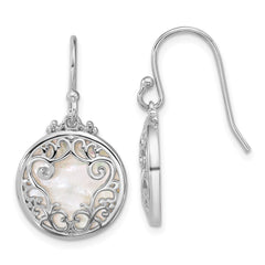 Sterling Silver Rhodium-plated Polished Filigree Mother of Pearl Filigree Circle Dangle Earrings