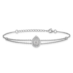 Sterling Silver Rhodium-plated Polished Fancy Two-strand CZ Teardrop Halo 7 Inch with 1 Inch Extension Bracelet