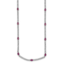 Sterling Silver Rhodium-plated Polished and Beaded Fancy Oval Red and Round White CZ 17 Inch Necklace
