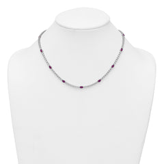 Sterling Silver Rhodium-plated Polished and Beaded Fancy Oval Red and Round White CZ 17 Inch Necklace