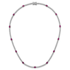 Sterling Silver Rhodium-plated Polished and Beaded Fancy Oval Red and Round White CZ 17 Inch Necklace