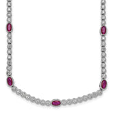 Sterling Silver Rhodium-plated Polished and Beaded Fancy Oval Red and Round White CZ 17 Inch Necklace