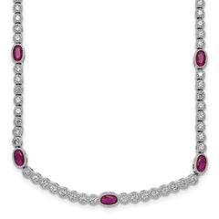 Sterling Silver Rhodium-plated Polished and Beaded Fancy Oval Red and Round White CZ 17 Inch Necklace
