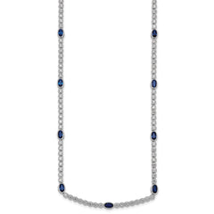 Sterling Silver Rhodium-plated Polished and Beaded Fancy Oval Blue and Round White CZ 17 Inch Necklace