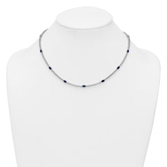Sterling Silver Rhodium-plated Polished and Beaded Fancy Oval Blue and Round White CZ 17 Inch Necklace