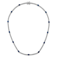 Sterling Silver Rhodium-plated Polished and Beaded Fancy Oval Blue and Round White CZ 17 Inch Necklace