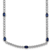 Sterling Silver Rhodium-plated Polished and Beaded Fancy Oval Blue and Round White CZ 17 Inch Necklace