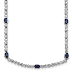 Sterling Silver Rhodium-plated Polished and Beaded Fancy Oval Blue and Round White CZ 17 Inch Necklace