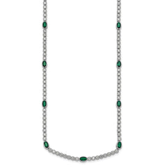 Sterling Silver Rhodium-plated Polished and Beaded Fancy Oval Green and Round White CZ 17 Inch Necklace