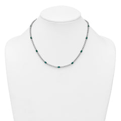 Sterling Silver Rhodium-plated Polished and Beaded Fancy Oval Green and Round White CZ 17 Inch Necklace