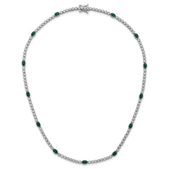 Sterling Silver Rhodium-plated Polished and Beaded Fancy Oval Green and Round White CZ 17 Inch Necklace