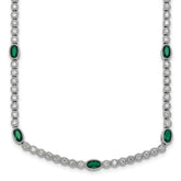 Sterling Silver Rhodium-plated Polished and Beaded Fancy Oval Green and Round White CZ 17 Inch Necklace
